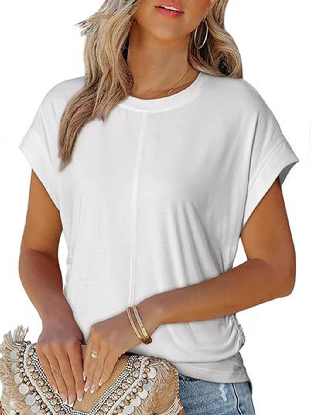 Solid Color Pleated Short Sleeved Top