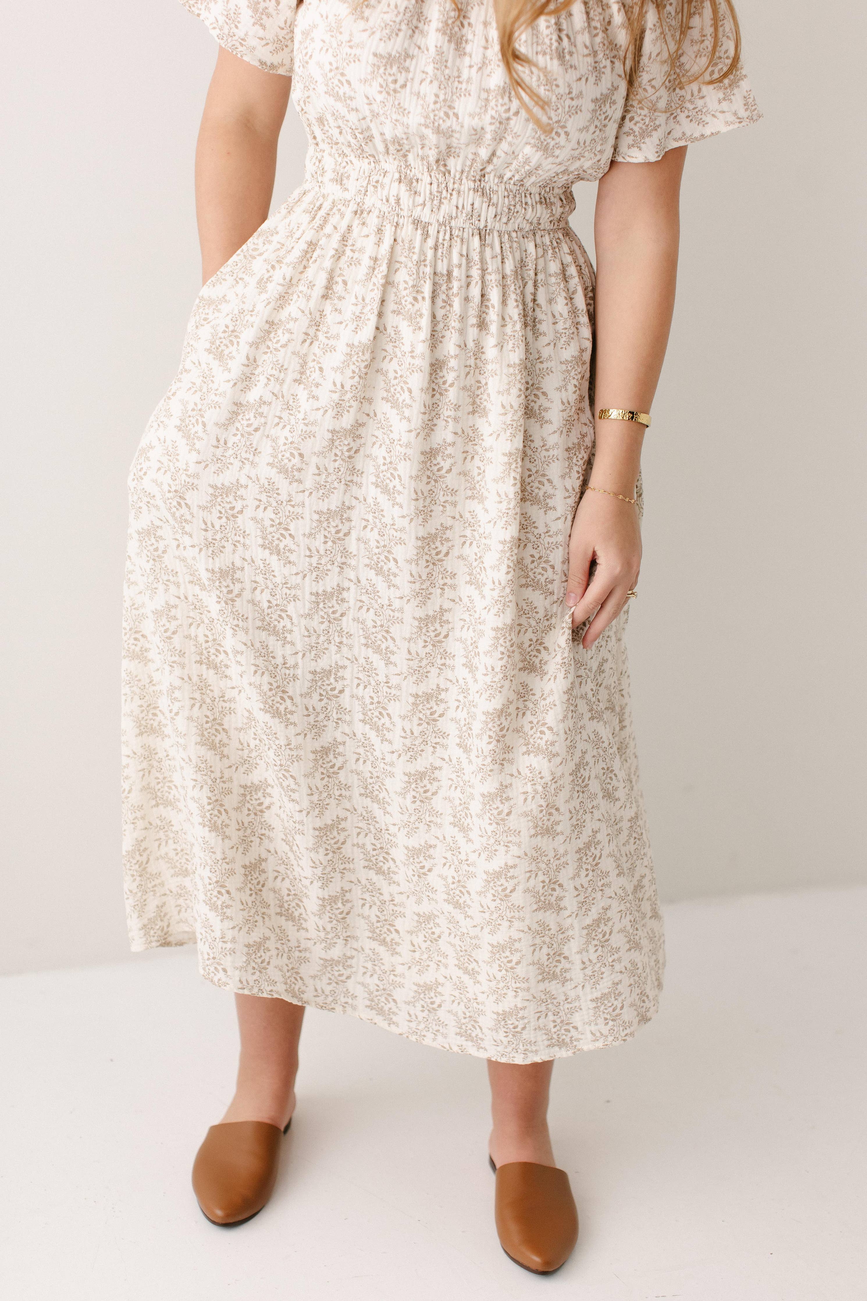 'Cynthia' Botanical Print Cotton Gauze Midi Dress