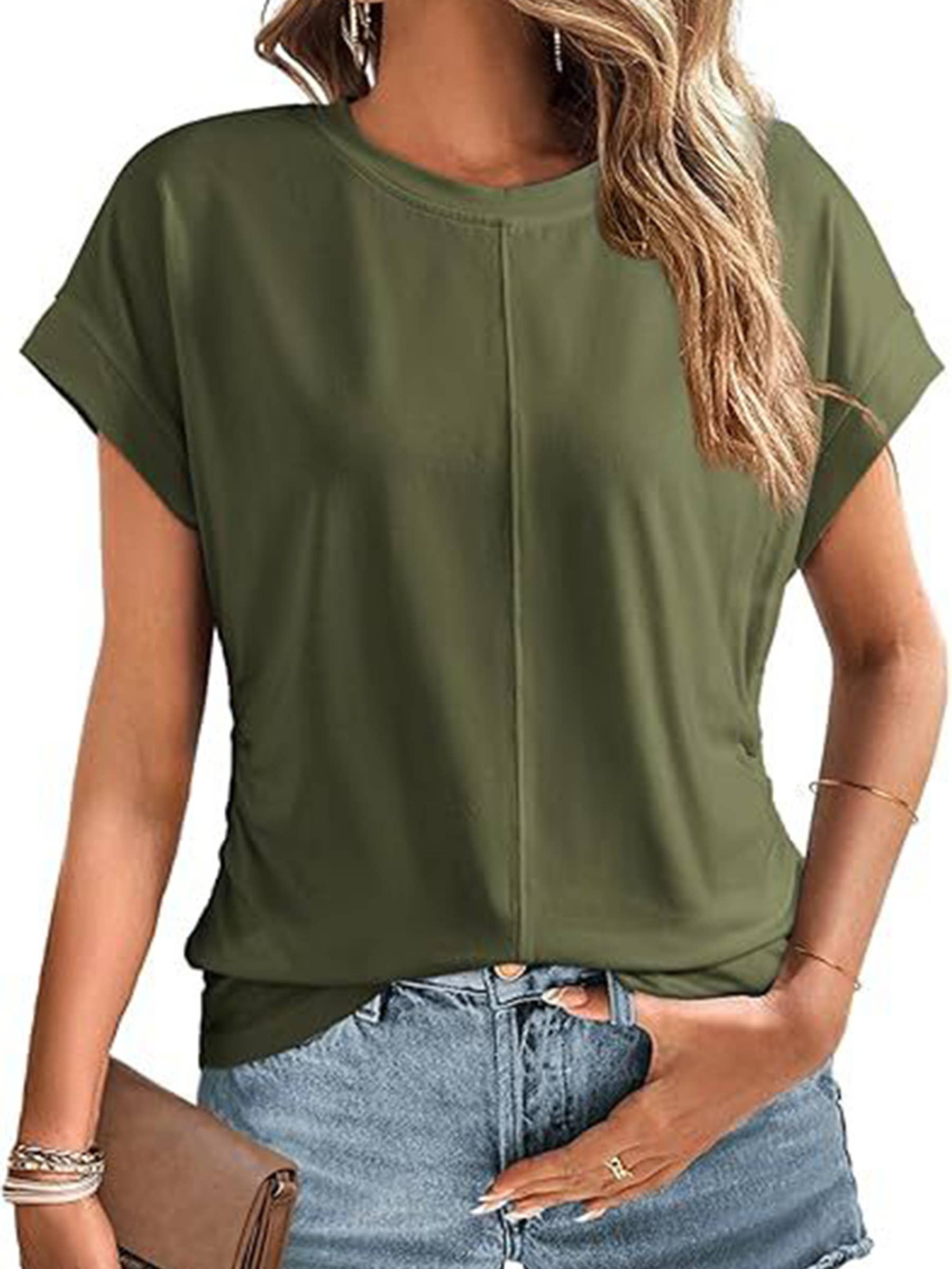 Solid Color Pleated Short Sleeved Top