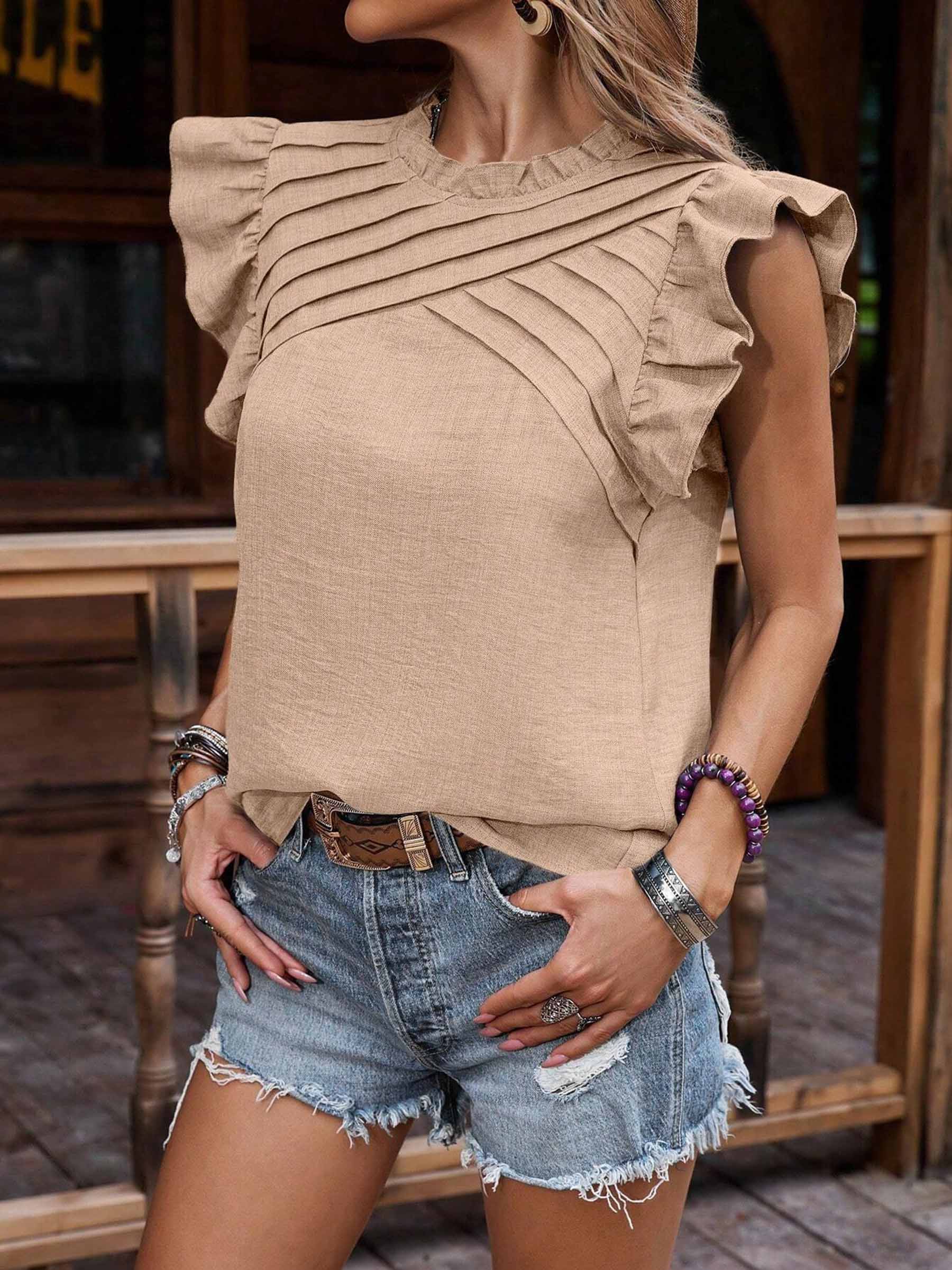 Pleated Solid Color Short Sleeved Top
