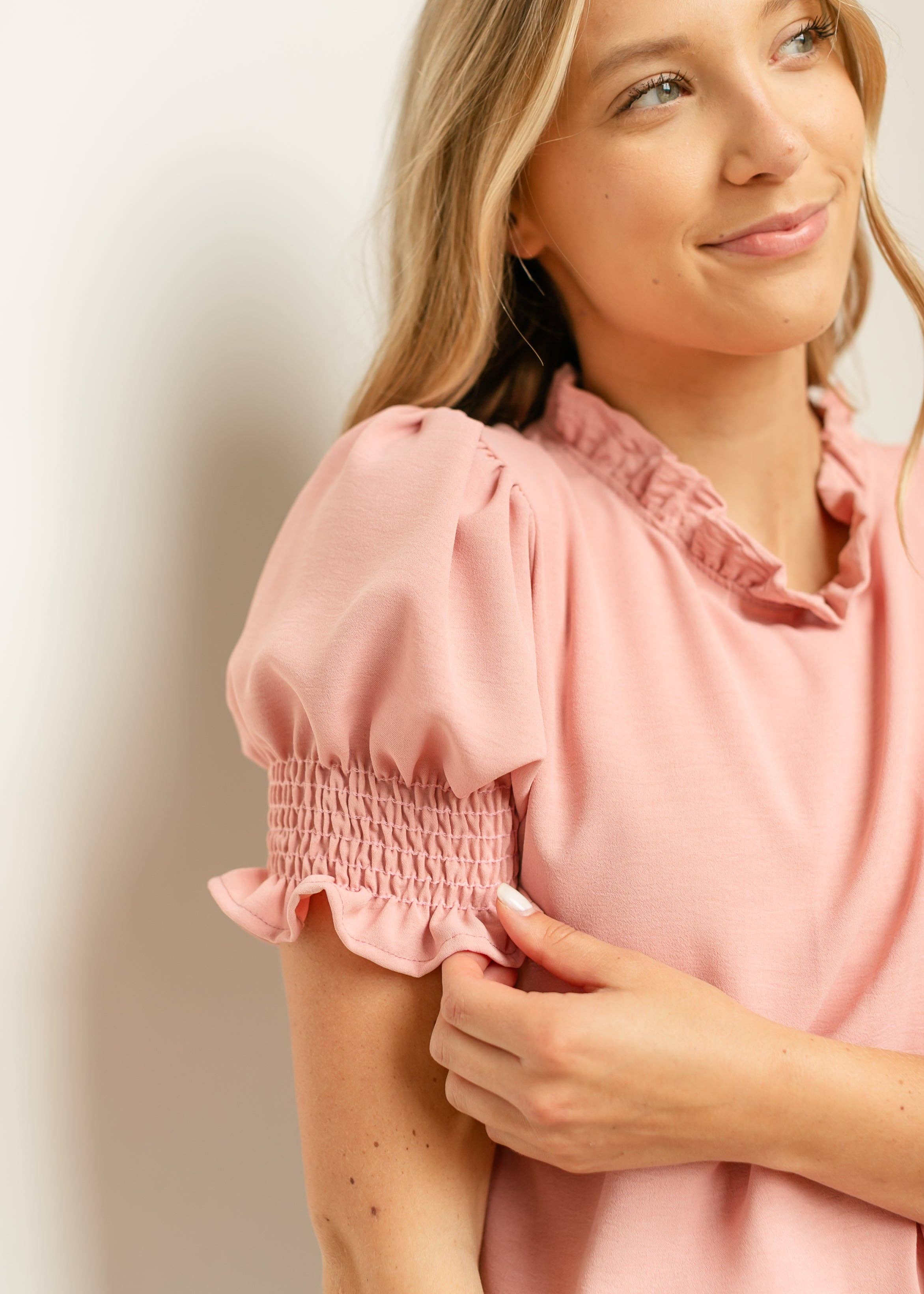 Clara Ruffle Mockneck Short Sleeve Top